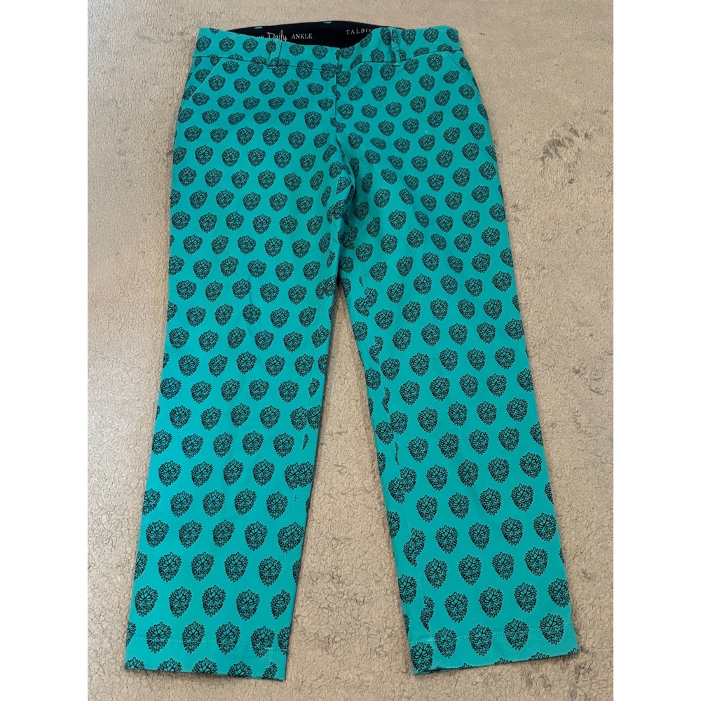 Talbots The Daily Ankle Pants Womens 8 Turquoise Teal Black Medallion Print Slim